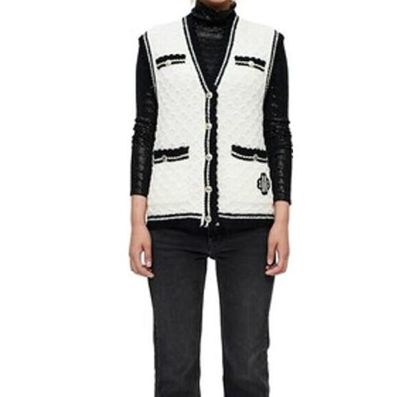 Maje NWT Mirta Knit Contrast Trim Vest White Black Women's Size 3 (US Large) - Picture 2 of 11